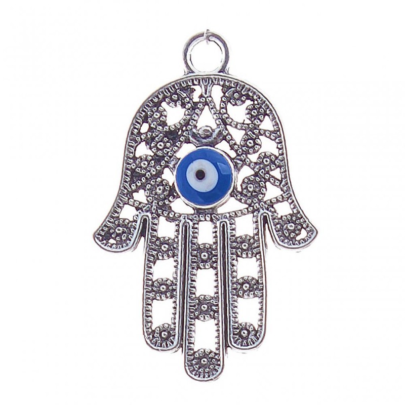 Přívěšek Hamsa s okem, barva kovu stříbrná 40 mm (balení 4 ks)