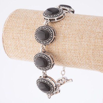 Výprodej: náramek z achátu v ohradě «kapka křížek» – oválný kámen 22×18 mm, 7 ks, délka 20–22 cm