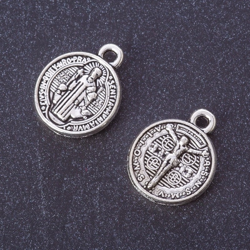 Kovové komponenty – mince Ikona / Ukřižování, přívěsek, barva kovu „stříbro“, Ø 17×13 mm, balení 20 g, ± 13 ks