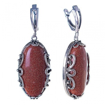 Sleva na náušnice z aventurínu „zlatý písek“ s rámem s krajkovým vzorem, oválný kámen 3×1,7 cm, délka 5 cm