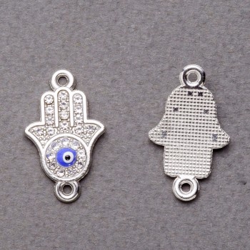 Konektor visací přívěšek s štrasovými očima Hamsa, stříbrný, 2,5×1,3 cm, balení 3 ks