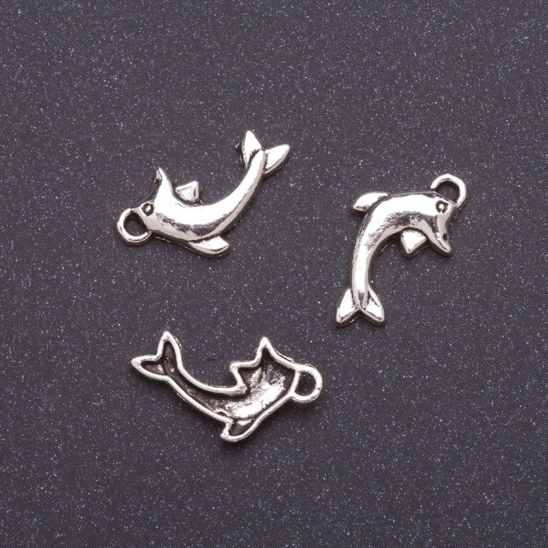Přívěsek Delfín, šířka 11 mm, d mm, L0 mm, šedý kov, balení 20 g ± 34 ks