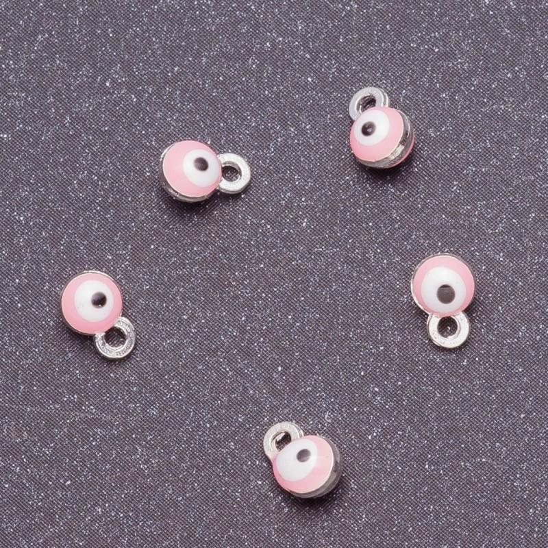 Přívěšek s motivem očí, Ø 4 mm, délka 6 mm, růžový smalt, šedý kov, 14 ks