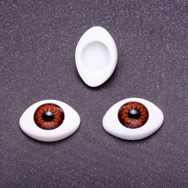Kovové součástky pro panenkové oči „Živé oči“, pár hnědých očí, průměr 10 mm, rozměr 19×14 mm, balení 20 párů
