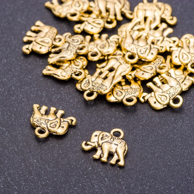 Přívěšek Slon, barva 'staré zlato', průměr 14 mm, délka 12 mm, otvor mm, balení 20 g ± 22 ks