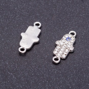 Konektor «Dlaň očí» ve stříbrném odstínu se kamínky, průměr 9 mm, otvor 0 mm, 5 mm faset, 4 ks