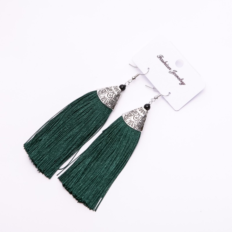 Náušnice s třásněmi «Almina» tmavě zelené, délka 10 cm