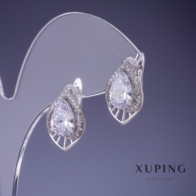 Náušnice Xuping se bílými krystaly rhodiované 18 × 10 mm