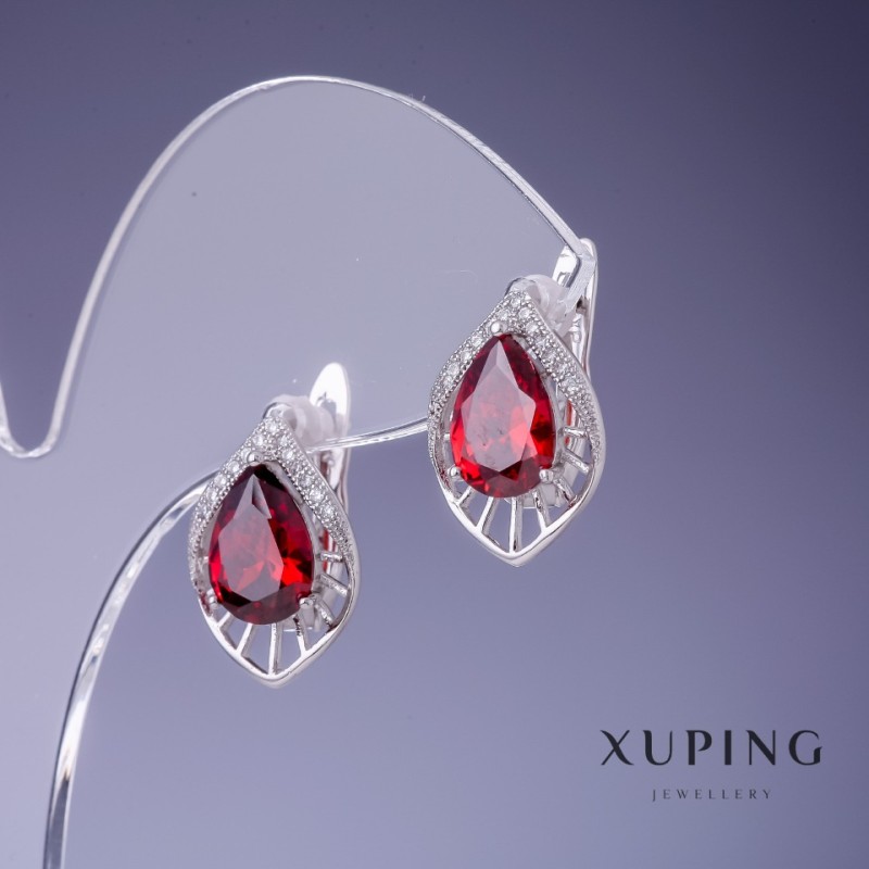 Náušnice Xuping s červenými krystaly 17×12 mm rhodiované