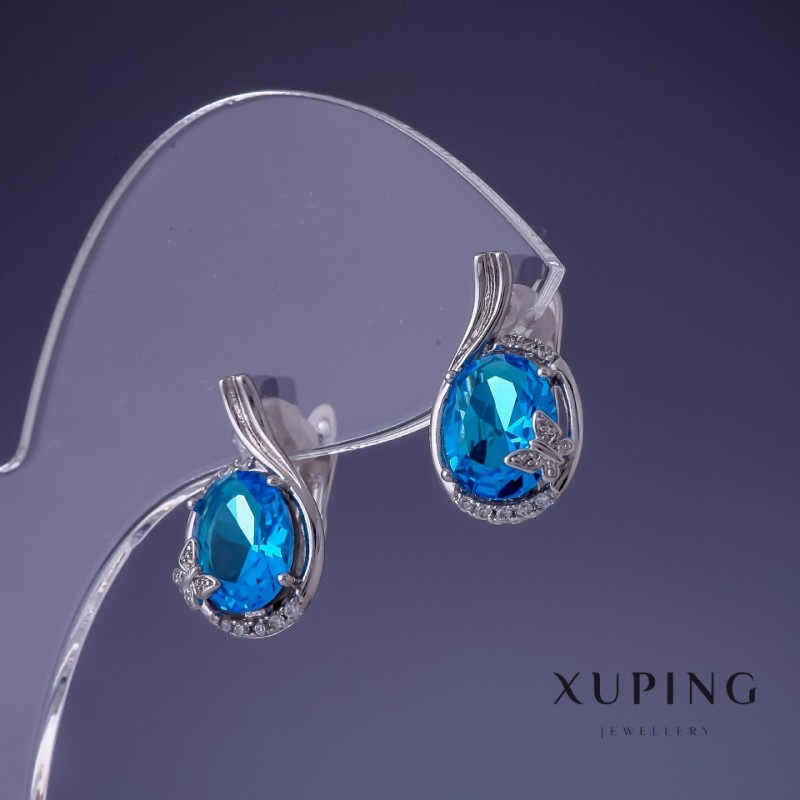 Náušnice Xuping se modrým topazem a cirkony, rhodiované, 17×10 mm