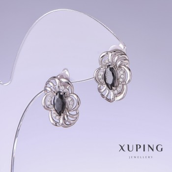Náušnice Xuping se černými zirkony, délka 17 mm, tloušťka 12 mm, rhodiované