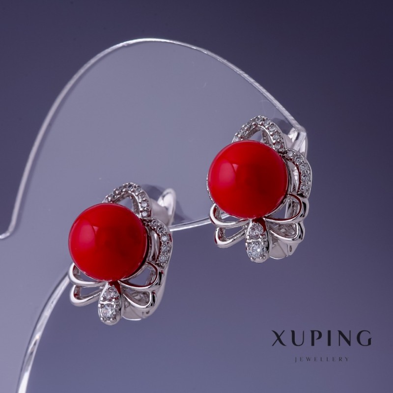 Náušnice Xuping s červenými perlami Mallorca 17×13 mm rhodiované