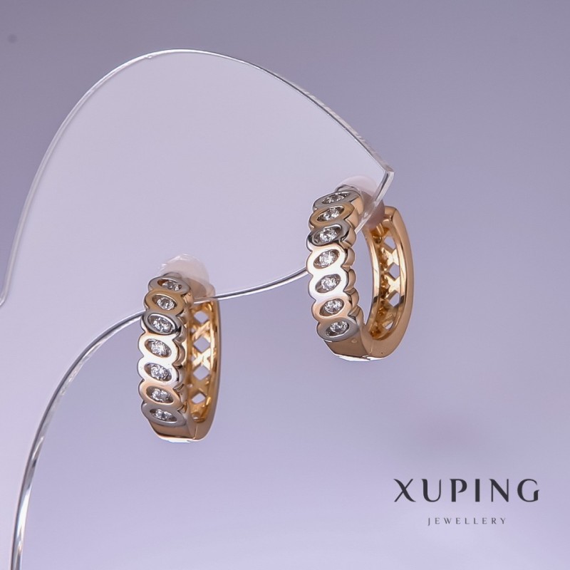 Náušnice Xuping se bílými štrasami 15×4 mm, rhodiované a pozlacené 18k