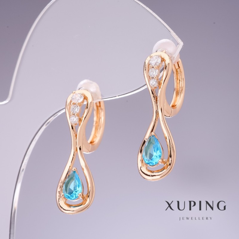Náušnice Xuping se světle modrými cirkony Topaz 26×8 mm, pozlacené 18K