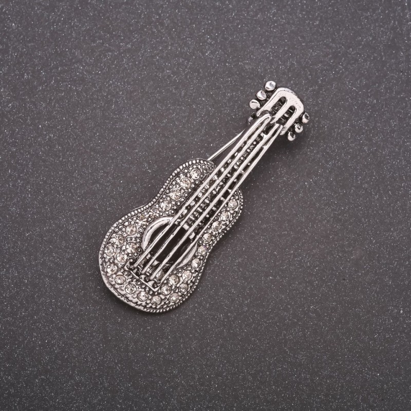 Brož kytara se štrasami, šedý kov, 50×19 mm