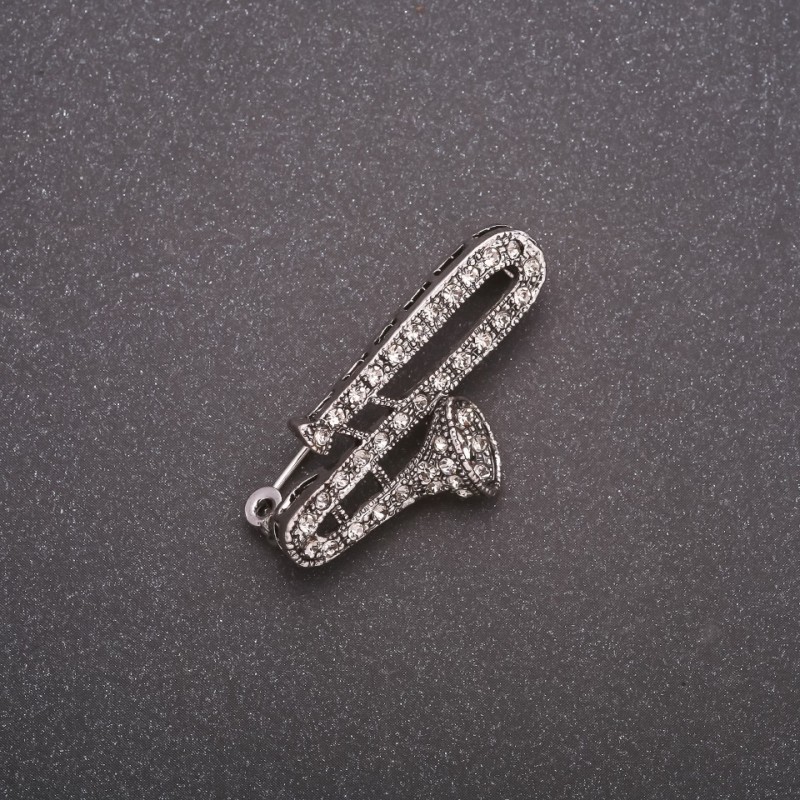Brož s dudkou a kamínky, šedý kov 38×19 mm