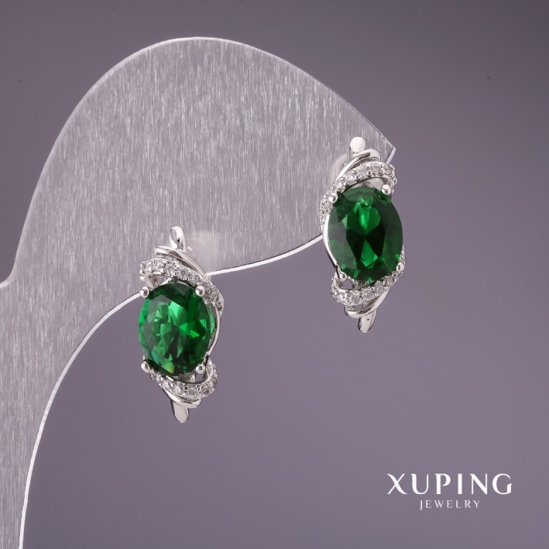 Náušnice Xuping se zelenými kameny 18×7 mm rhodiované