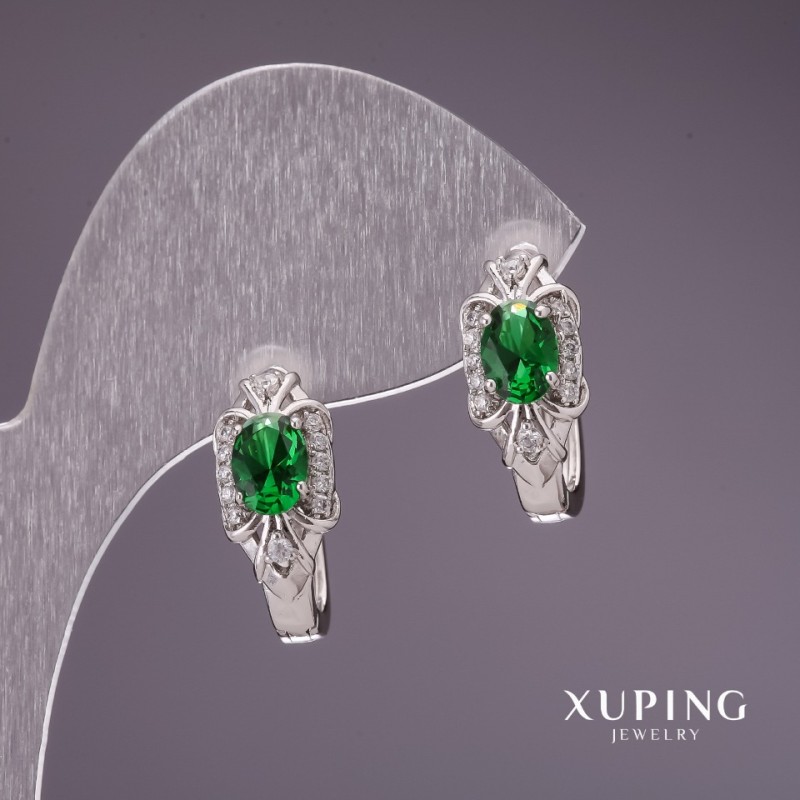 Náušnice Xuping se zelenými kameny 28×8 mm rhodiované