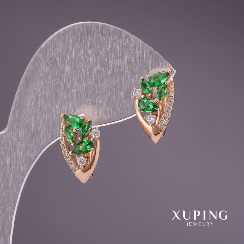Náušnice Xuping se zelenými kameny, 16×9 mm, pozlacené 18K