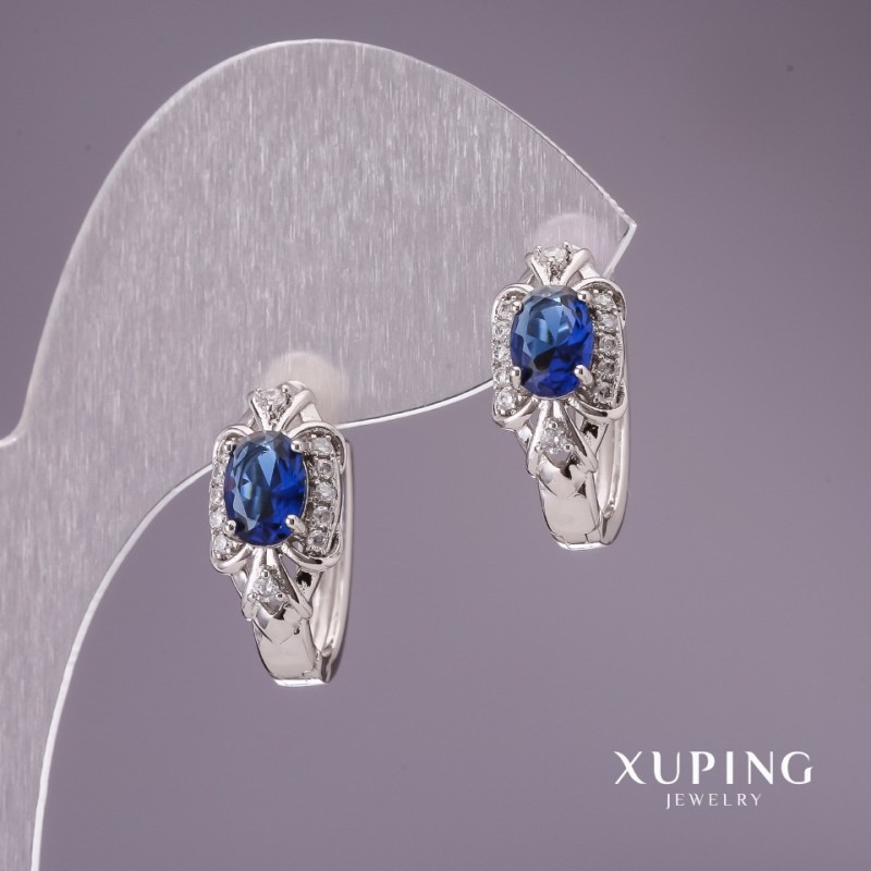 Náušnice Xuping se modrými kameny 18×8 mm rhodiované