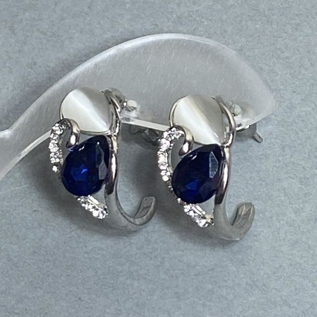 Náušnice „Vytříbené“ kov potažený stříbrem / modrý štras / „kočičí oko“ / 23 × 12 mm