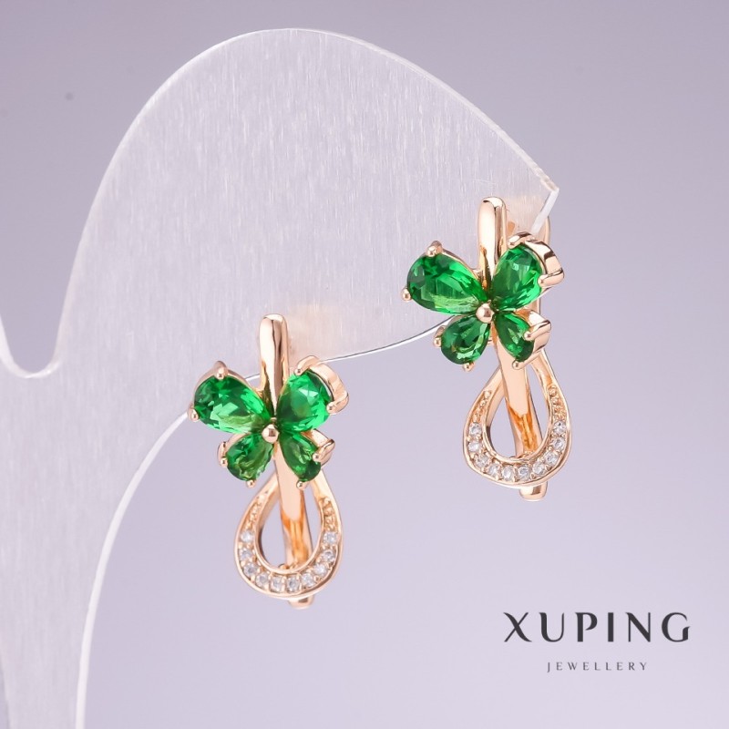 Náušnice Xuping pozlacené 18K se zelenými kameny a bílými štrasovými kameny 20×11 mm