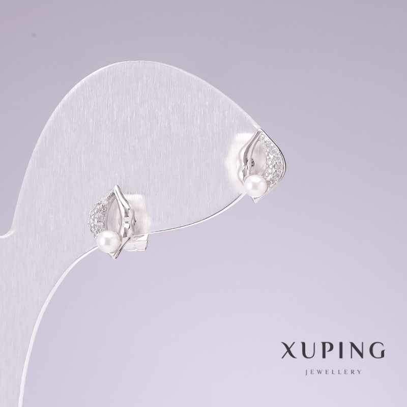 Náušnice peckové Xuping rhodiované «Rty se bílými kamínky» 7×10 mm