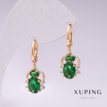 Náušnice Xuping Pavoučci s pozlacením 18K, zelenými kameny a bílými štrasovými kamínky 25×10 mm