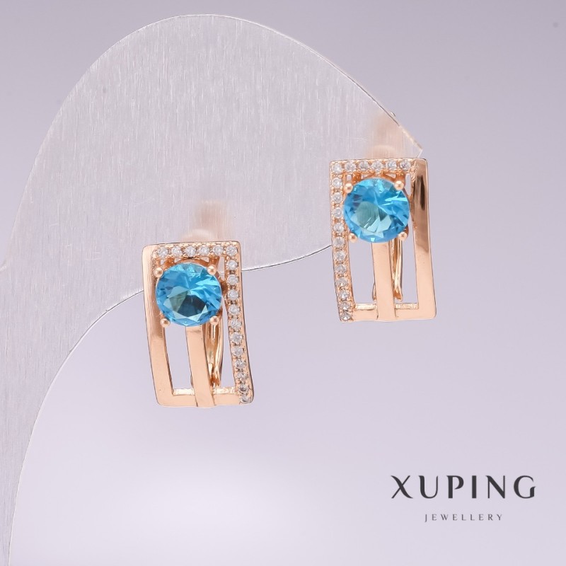 Náušnice Xuping pozlacené 18K se světle modrým kamenem a bílými zirkony 16×9 mm