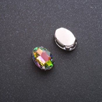 Cena za balení /10 ks. Přišitelný krystal s čepovým uchycením, oválný 10×14 mm, zeleno-růžový