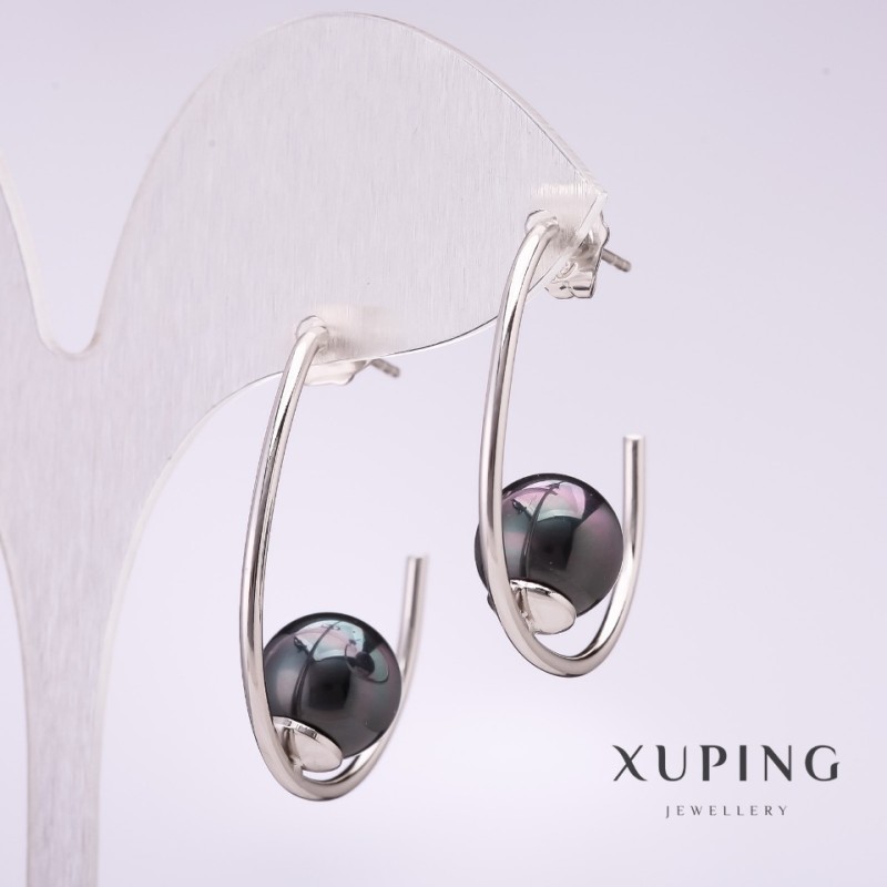 Náušnice Xuping s klipsou a černou perlou Mallorca 33×10 mm rhodiované