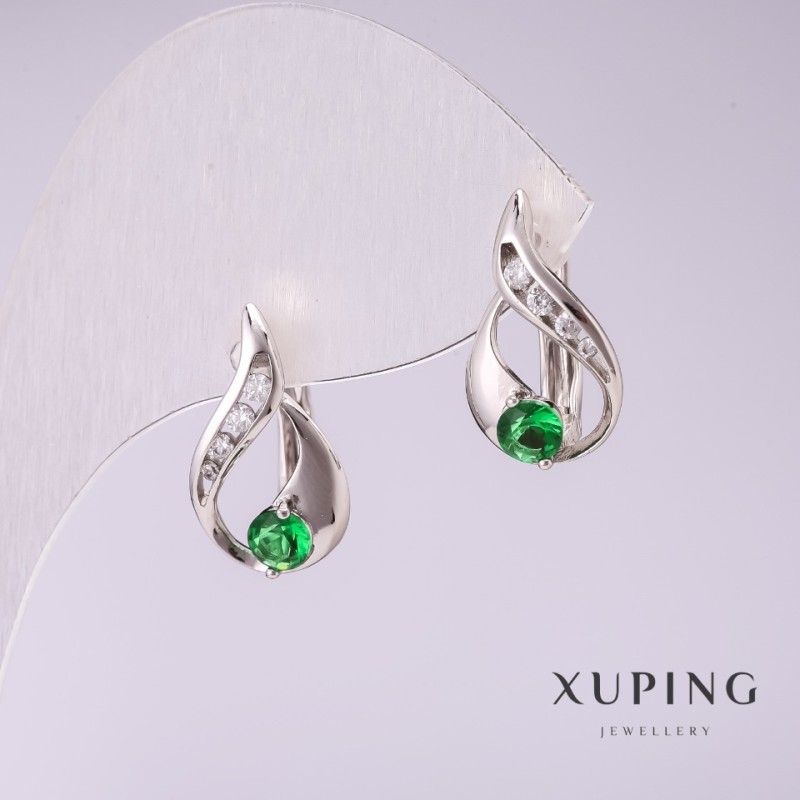 Náušnice Xuping se zelenými kameny 17×10 mm rhodiované
