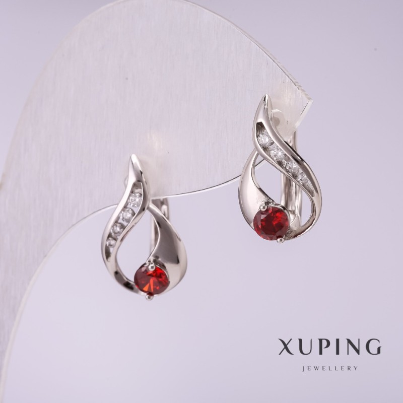 Náušnice Xuping s červenými kameny 17×10 mm rhodiované