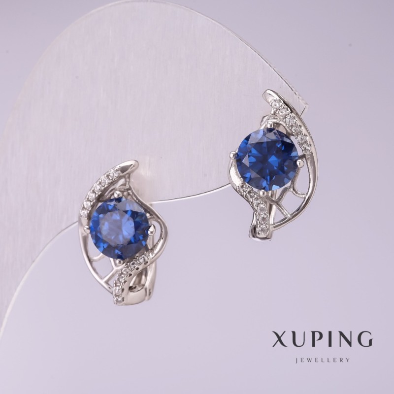 Náušnice Xuping se modrými kameny 17×10 mm rhodiované