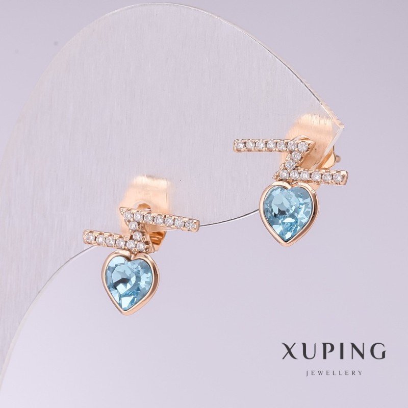 Náušnice Xuping pecky ve tvaru srdce s modrými kameny, 12×11 mm, pozlacené 18K