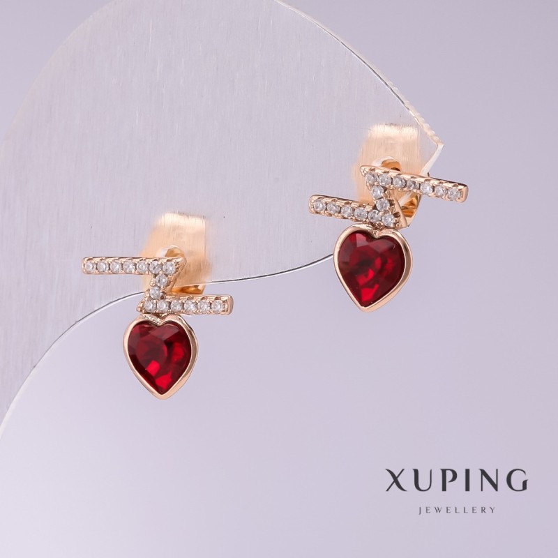 Náušnice Xuping pecky ve tvaru srdce s červenými kameny, 12×11 mm, pozlacené