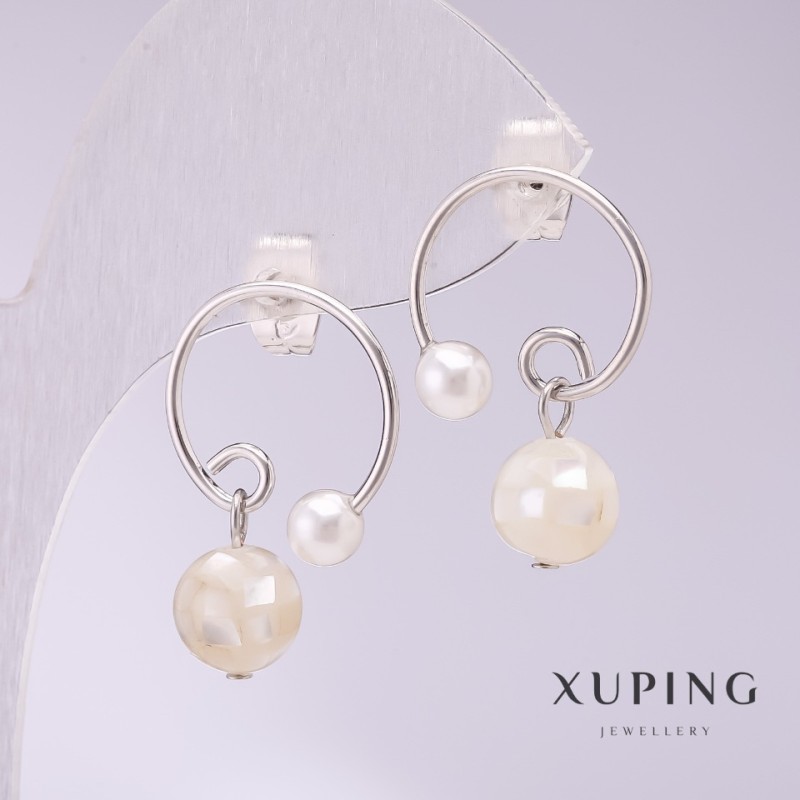 Náušnice Xuping kruhy s perleťovými korálkami 17×23 mm rhodiované