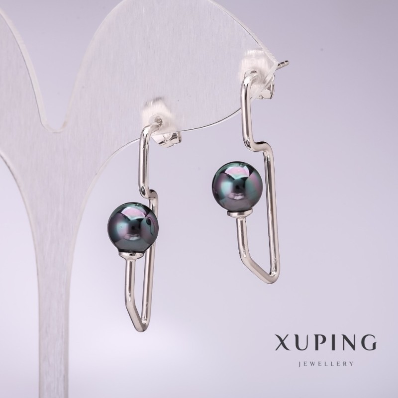 Náušnice Xuping s černými mallorskými perlami 34×8 mm rhodiované