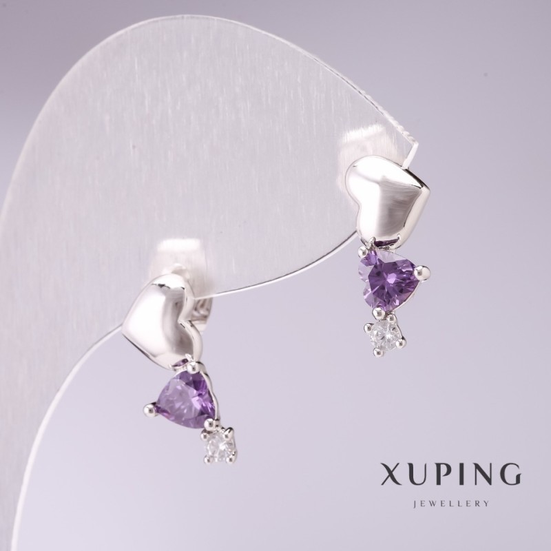 Náušnice Xuping girlanda ze srdcí s fialovými kameny 17×7 mm rhodiované