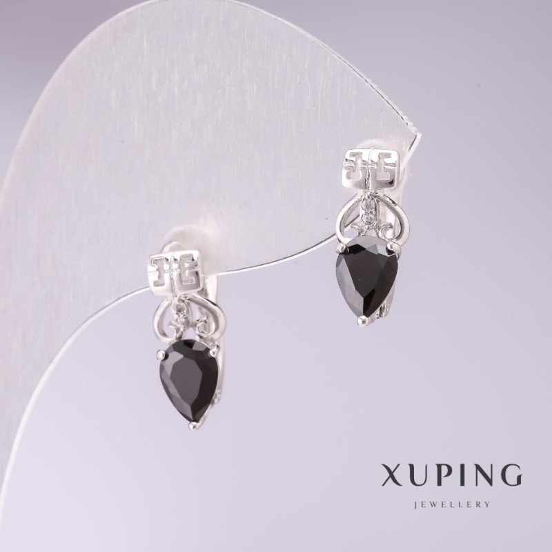 Náušnice Xuping s černými kameny 15×5 mm rhodiované