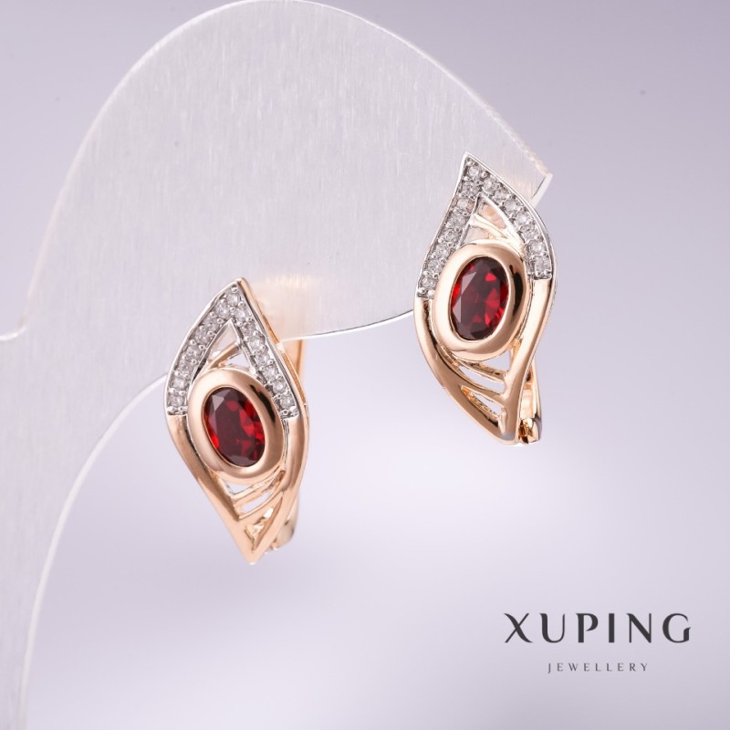 Náušnice Xuping s červenými kameny 19×10 mm, rhodiované a 18K pozlacené