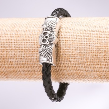 Náramek s lebkou z eko kůže, pletený, černý, délka 20 cm