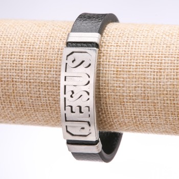 Браслет чоловічий Ісус еко шкіра широкий сталева планка, товщина 14-16мм, довжина 20см