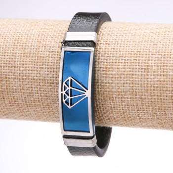 Браслет чоловічий Діамант еко шкіра широкий сталева планка синя, товщина 14-16мм, довжина 20см