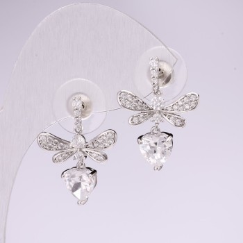 Náušnice pecky Motýlek, série 925, štrasové kameny, barva bílá, rozměr 23×17 mm, kov stříbrný