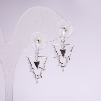 Náušnice peckové «Trojúhelníky», série 925, se bílými štrasovými kamínky, kov stříbrný, velikost 14×28 mm