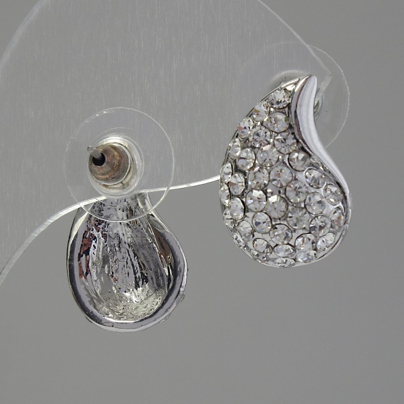 Náušnice peckové se krystaly, barva bílá, 12×18 mm, kov stříbrné barvy
