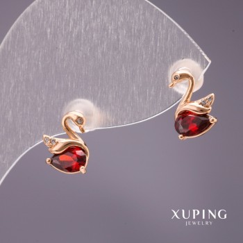Náušnice Xuping Labutě s červeným kamenem, 10×7 mm, pozlacení 18K
