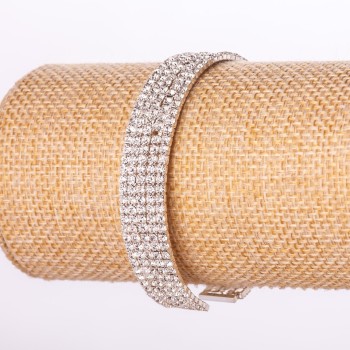 Pětiřadý štrasový náramek se sponou, bílé štrasové kamínky, bílé kovové provedení