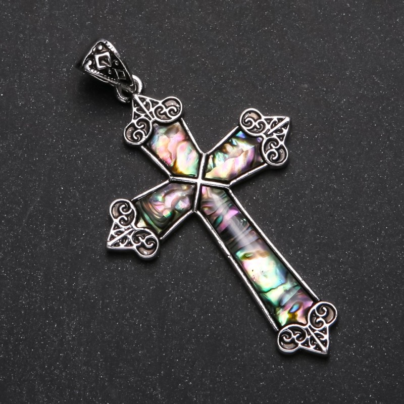 Přívěšek kříž s haliotitem v opletu 66×43 mm